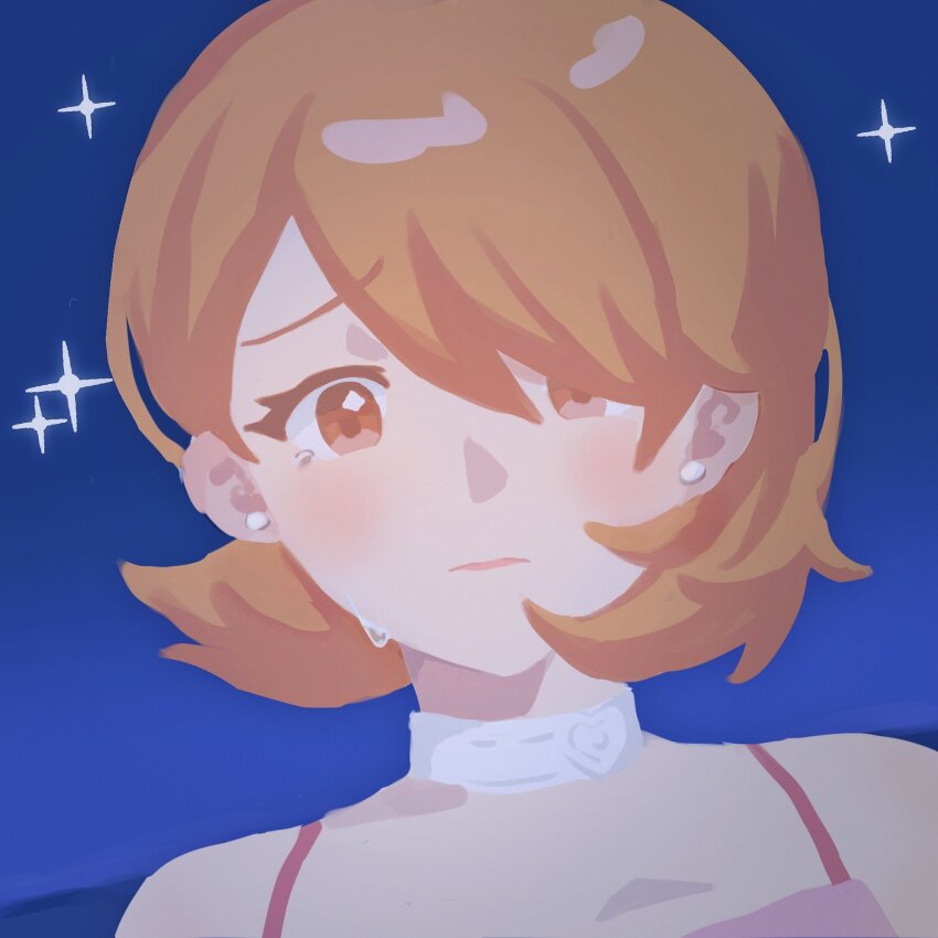 1girl abcd0060 bare_shoulders blush brown_eyes brown_hair cardigan choker closed_mouth collarbone earrings flipped_hair hair_over_one_eye heart heart_choker highres jewelry looking_at_viewer mixed-language_commentary night night_sky ocean official_alternate_costume outdoors pearl_earrings persona persona_3 pink_cardigan portrait short_hair sky solo spaghetti_strap sparkle star_(sky) starry_sky straight-on stud_earrings swept_bangs takeba_yukari tears upper_body white_choker