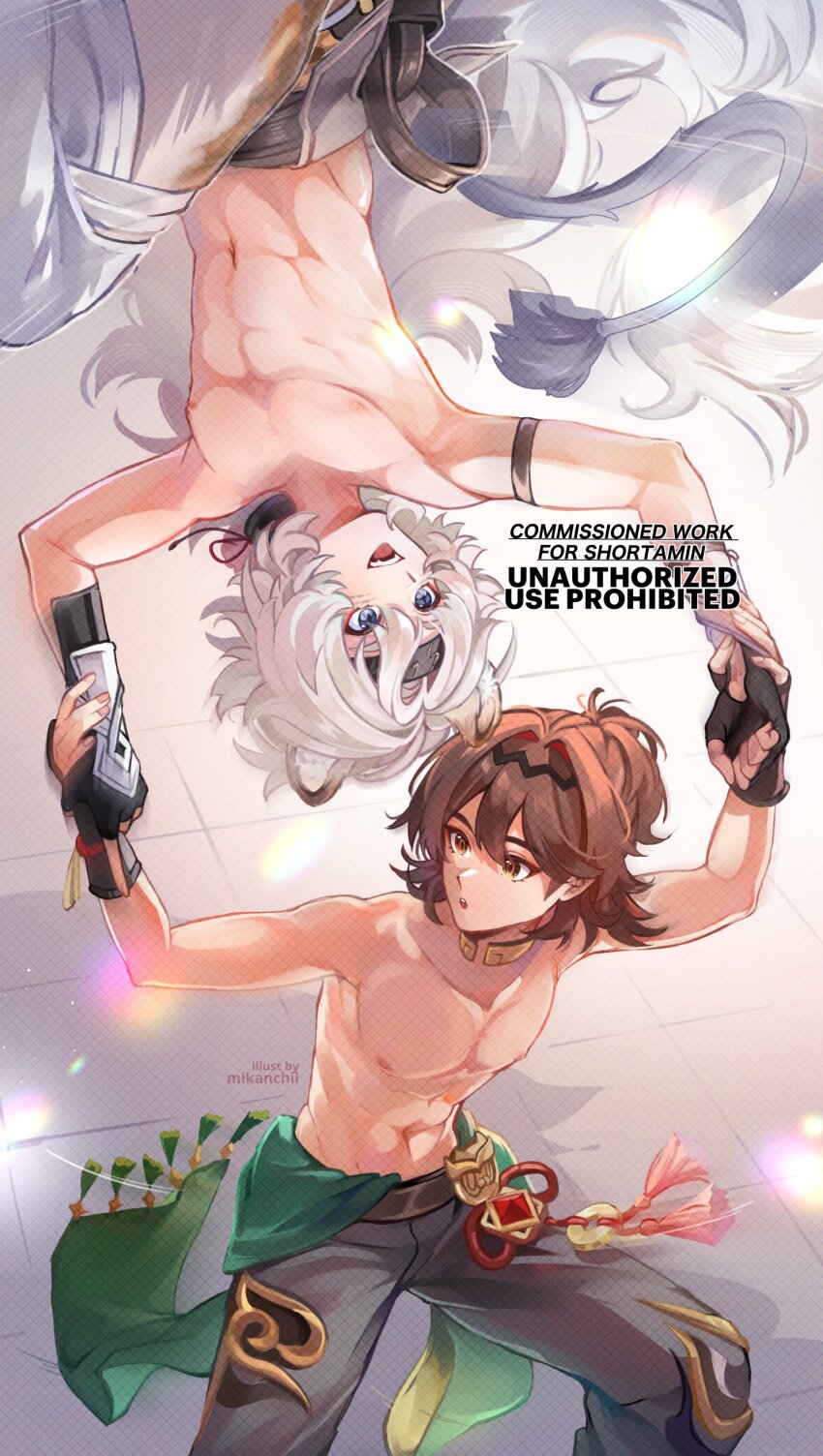 2boys absurdres animal_ears arms_up black_gloves black_headband brown_eyes brown_hair commission crossover fingerless_gloves gaming_(genshin_impact) genshin_impact gloves grey_eyes grey_pants hair_between_eyes headband highres lingyang_(wuthering_waves) lion_boy lion_ears lion_tail male_focus mikanchii multicolored_hair multiple_boys navel nipples open_mouth pants smile stomach tail tassel topless_male vgen_commission white_hair wuthering_waves