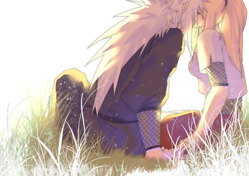 1boy 1girl blonde_hair cokiebeard couple dating grass highres holding_hands japanese_clothes jiraiya_(naruto) kiss long_hair naruto_(classic) naruto_(series) outdoors tsunade_(naruto) white_hair