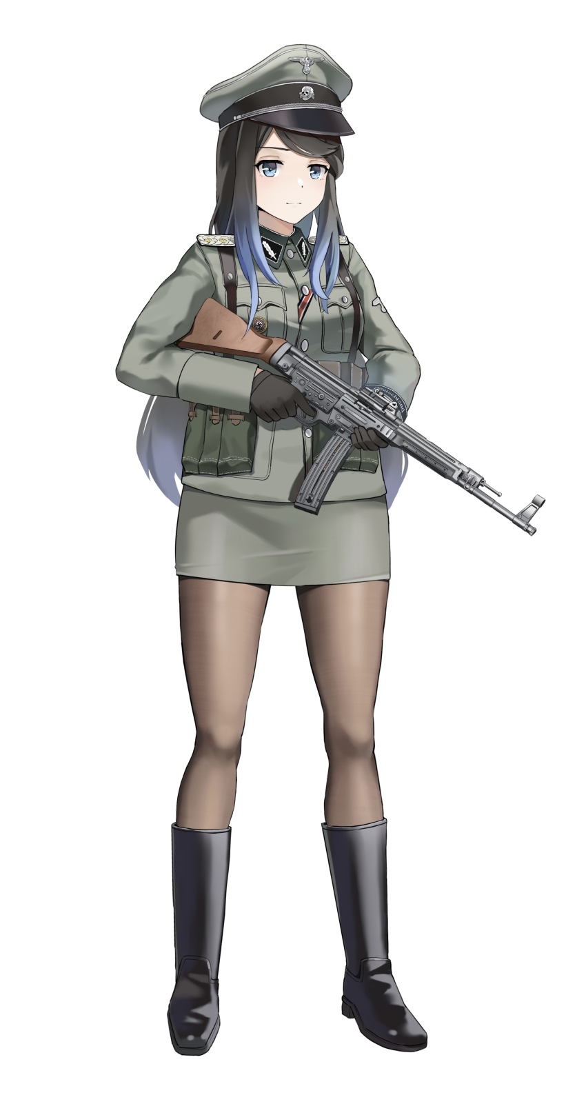1girl absurdres assault_rifle black_boots black_gloves black_hair black_pantyhose blue_eyes blue_hair boots breast_pocket epaulettes gloves gradient_hair green_hat green_jacket green_skirt gun hat highres holding holding_gun holding_weapon jacket long_hair long_sleeves magazine_(weapon) military military_uniform miniskirt multicolored_hair nazi original pantyhose peaked_cap pencil_skirt pocket rifle skirt solo ss_insignia ss_uniform stg44 swastika totenkopf unicron_(brous) waffen-ss weapon world_war_ii