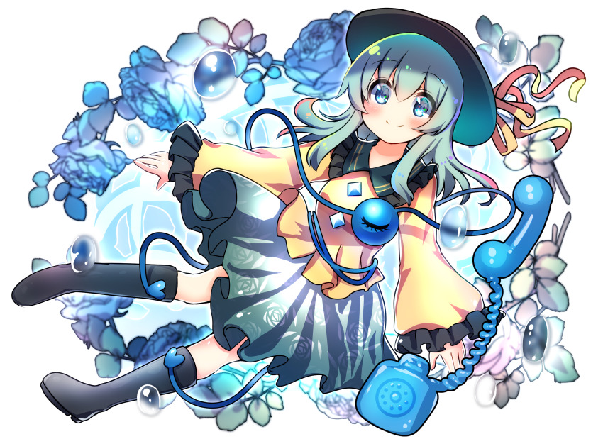 1girl antique_phone black_boots black_hat blue_eyes blue_flower blue_rose blush boots breasts closed_mouth commentary_request corded_phone floral_print flower frilled_shirt_collar frilled_sleeves frills full_body gem green_hair green_skirt hat hat_ribbon highres knee_boots koishi_day komeiji_koishi leaf long_sleeves medium_breasts outstretched_arms partial_commentary petals phone rapameri ribbon rose rose_print rotary_phone short_hair simple_background skirt smile solo split_mouth string third_eye touhou water_drop white_background wide_sleeves yellow_ribbon