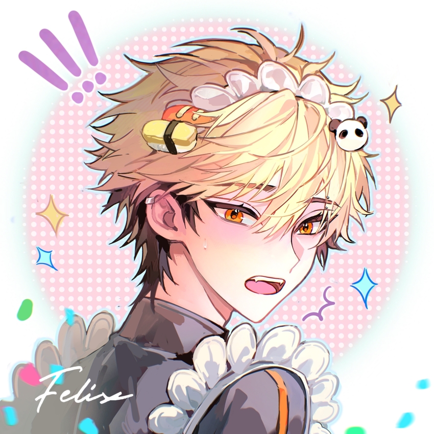 ! !! 1boy alternate_costume apron black_hair black_shirt blonde_hair blush character_name chinese_commentary confetti crossdressing crossdressing_(mtf) ear_piercing earrings enmaided fangs frills from_behind hair_between_eyes hair_ornament highres jewelry looking_at_viewer looking_back maid maid_apron maid_headdress male_focus male_maid multicolored_hair open_mouth orange_eyes piercing polka_dot polka_dot_background portrait shiguang_dailiren shirt short_hair solo sparkle sweatdrop teeth turtleneck two-tone_hair upper_body white_apron white_background xia_fei yi_ke_si_qsi_mi