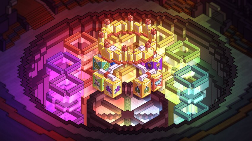 absurdres architecture arena block_(minecraft) colorful commentary decision_dome english_commentary esports glowing highres in-universe_location isometric kt_(swiftlyswan) mc_championship minecraft minecraft_youtube no_humans official_style scenery wheel