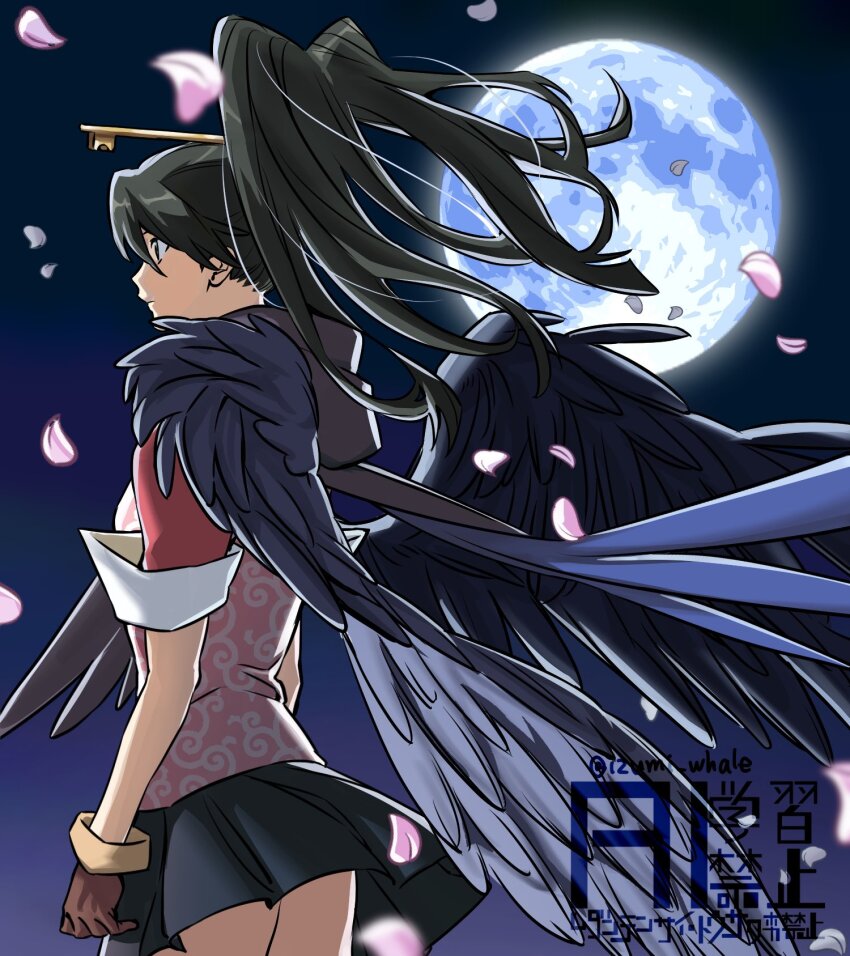 1girl ace_attorney ace_attorney_investigations ace_attorney_investigations_2:_prosecutor&#039;s_gambit bird_girl bird_wings black_hair black_skirt black_wings brown_gloves cherry_blossoms falling_petals feathered_wings from_behind full_moon gloves high_ponytail highres izumi_whale karakusa_(pattern) kay_faraday key_hair_ornament long_hair moon night petals pink_shirt pleated_skirt ponytail scarf shirt short_sleeves skirt sleeves_rolled_up solo standing twitter_username wings
