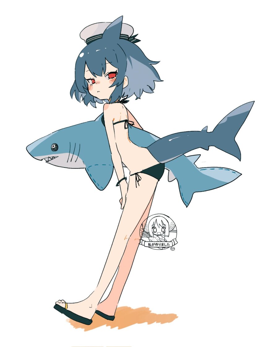 1girl armband bikini black_bikini fins fish_tail flat_chest grey_hair hat highres looking_at_viewer looking_to_the_side naka_(buttergirl_02) original sailor_hat sandals shark_fin shark_girl shark_tail short_hair side-tie_bikini_bottom signature simple_background solo stuffed_animal stuffed_shark stuffed_toy swimsuit tail