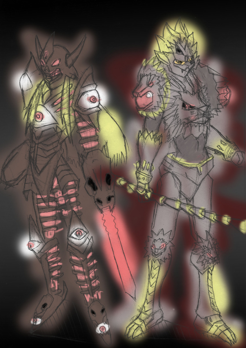 2boys absurdres armor corruption digimon digimon_frontier duskmon highres louwemon multiple_boys purification red_eyes skull sword weapon