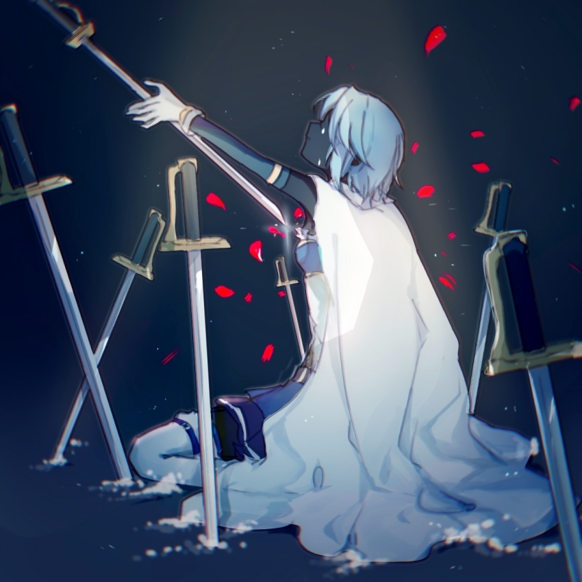 belt belt_buckle black_background black_belt blue_belt blue_hair blue_shirt blue_skirt buckle closed_mouth clothing_cutout crying frilled_shirt_collar frills full_body gleam gloves hair_over_eyes holding holding_sword holding_weapon imminent_suicide kneeling light_particles magical_girl mahou_shoujo_madoka_magica mahou_shoujo_madoka_magica_(anime) miki_sayaka miki_sayaka_(magical_girl) miniskirt nanayazero outstretched_arm petals pleated_skirt rose_petals shirt short_hair sitting_on_liquid skirt stomach_cutout strapless strapless_shirt sword teardrop thigh_belt thigh_strap thighhighs two-tone_shirt water weapon white_gloves white_shirt white_thighhighs