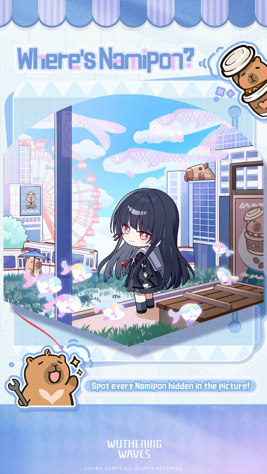 1girl arm_cutout black_hair black_jacket blue_sky chibi chibi_only chisa_(wuthering_waves) city closed_mouth clothing_cutout commentary copyright_notice day english_commentary english_text ferris_wheel highres jacket logo long_hair long_sleeves looking_at_viewer looking_to_the_side namipon_(wuthering_waves) neckerchief official_art red_eyes red_neckerchief sailor_collar sky smile solo train white_sailor_collar wrench wuthering_waves