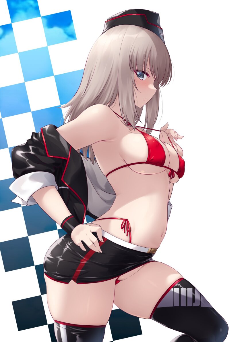 1girl alternate_costume armpit_crease bare_shoulders bikini bikini_under_skirt black_hat black_jacket black_skirt black_thighhighs blue_eyes breasts checkered_background closed_mouth commentary_request cowboy_shot from_side front-tie_bikini_top front-tie_top garrison_cap girls_und_panzer gloves grey_hair hand_on_own_hip hat highres itsumi_erika jacket kuzuryuu_kennosuke large_breasts long_hair looking_at_viewer microskirt navel off_shoulder pencil_skirt race_queen red_bikini revision shiny_clothes side-tie_bikini_bottom sideboob sideways_glance skindentation skirt solo standing stomach strap_gap strap_pull swimsuit thighhighs thighs two-sided_fabric two-sided_jacket underboob white_background