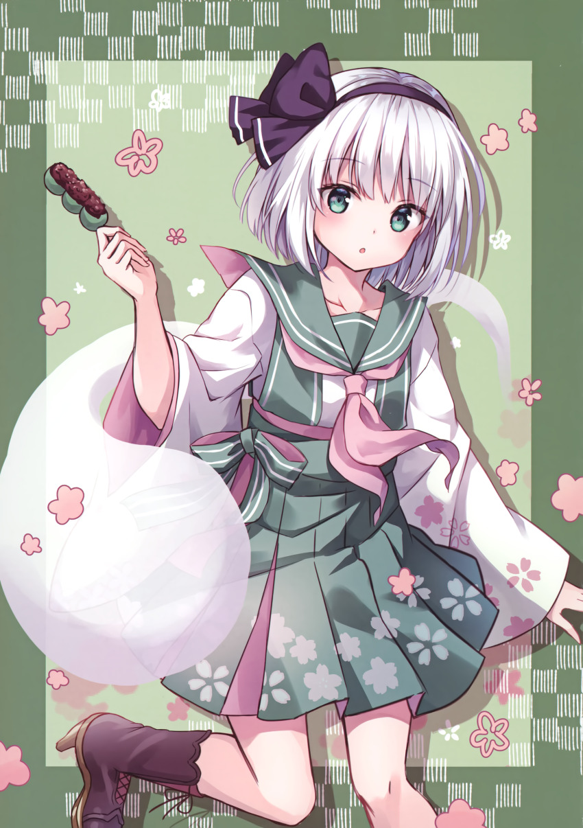 1girl absurdres adapted_costume black_hairband blue_eyes boots dango floral_print food green_background green_eyes green_sailor_collar green_skirt hairband highres holding holding_food konpaku_youmu konpaku_youmu_(ghost) kure~pu long_sleeves looking_at_viewer neckerchief pink_neckerchief pleated_skirt sailor_collar shirt short_hair skewer skirt solo standing standing_on_one_leg third-party_source touhou wagashi white_hair white_shirt wide_sleeves