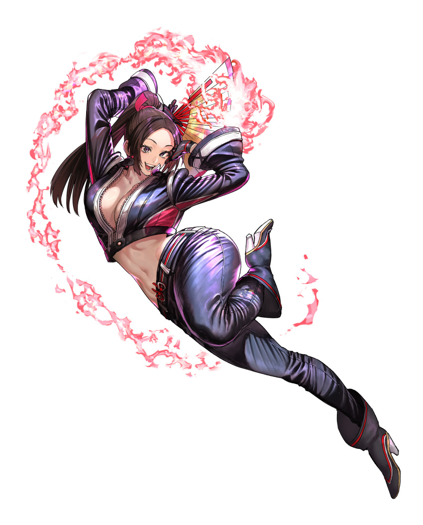1girl absurdres azuma_kyoutarou_(artist) belt black_belt black_gloves black_jacket black_pants boots breasts brown_hair cleavage cropped_jacket fatal_fury fatal_fury:_city_of_the_wolves full_body gloves hand_fan high_heel_boots high_heels high_ponytail highres holding holding_fan jacket leather leather_jacket leather_pants midriff official_art open_mouth pants ponytail red_fire second-party_source shiranui_mai simple_background smile snk solo white_background