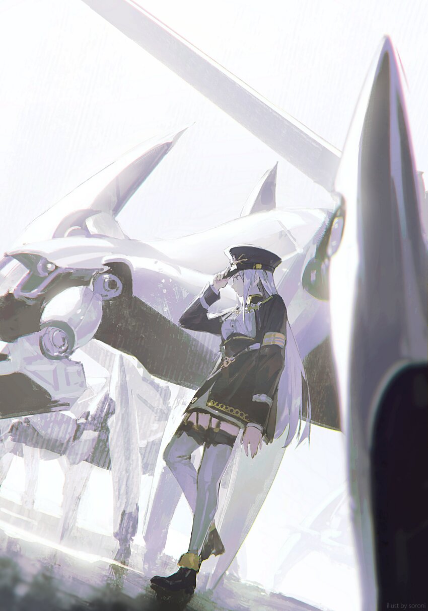 1girl 86_-eightysix- absurdres blue_jacket cropped_jacket dutch_angle garter_straps hat high-waist_skirt highres jacket mecha military military_hat military_jacket military_uniform peaked_cap robot skirt solo sorrowny standing thighhighs vladilena_millize