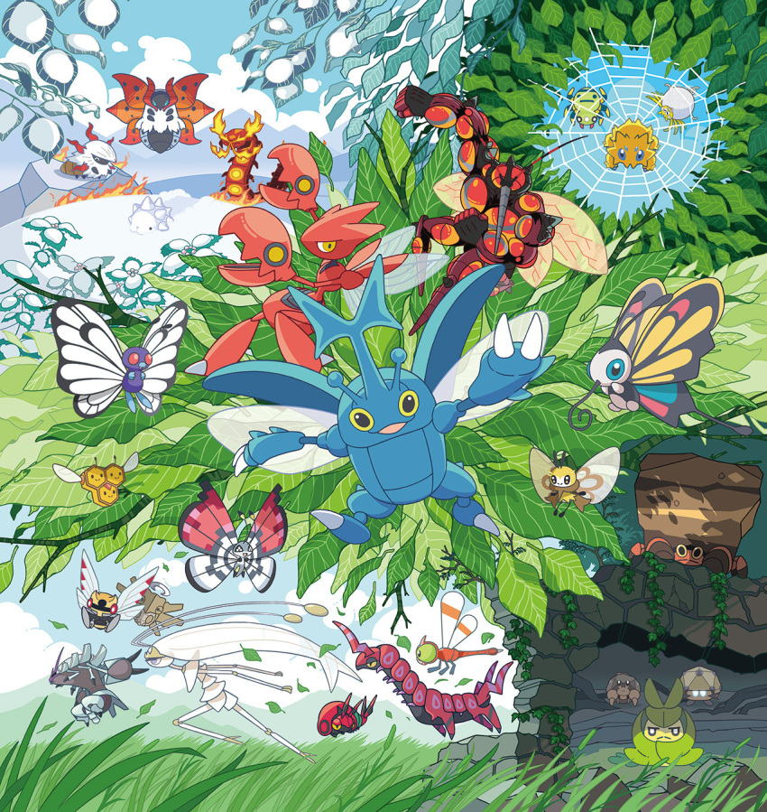 :&lt; animal_focus antennae artist_request beautifly blue_eyes blue_sky bug butterfree buzzwole centiskorch closed_mouth cloud combee day dottler dwebble fire flying game_freak gen_1_pokemon gen_2_pokemon gen_3_pokemon gen_4_pokemon gen_5_pokemon gen_6_pokemon gen_7_pokemon gen_8_pokemon golisopod grass heracross highres insect_wings ivy joltik larvesta leaf muscular nature ninjask nintendo no_humans non-web_source official_art on_rock open_mouth outdoors pheromosa pincers pokemon pokemon_(creature) pokemon_focus red_eyes ribombee running scizor scolipede second-party_source shedinja silk sky smile snom snow spider_web spinarak swadloon tarountula ultra_beast venipede vivillon vivillon_(poke_ball) volcarona wings yanma