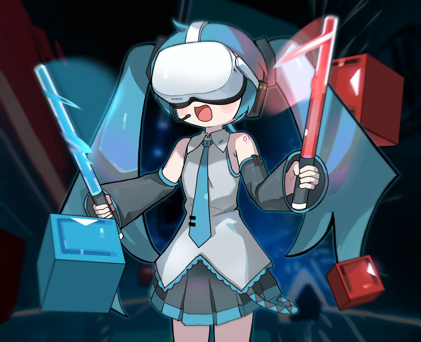 1girl absurdres beat_saber black_skirt black_sleeves blue_hair blue_trim blush_stickers cowboy_shot dark_background detached_sleeves dual_wielding energy_sword grey_shirt hatsune_miku head-mounted_display headset highres holding holding_sword holding_weapon lightsaber long_hair long_sleeves miniskirt morizo_(morizoshop) number_tattoo oculus_headset pleated_skirt shirt skirt sleeveless sleeveless_shirt smile sword tattoo tongue twintails vocaloid weapon