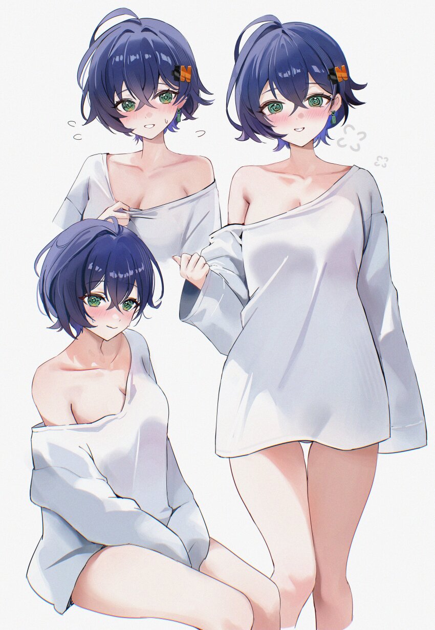 1girl @_@ absurdres alternate_costume belle_(zenless_zone_zero) blue_hair breasts cleavage closed_mouth collarbone crossed_bangs earrings flying_sweatdrops green_eyes hair_between_eyes hair_ornament highres jewelry letter_hair_ornament long_sleeves looking_at_viewer multiple_views parted_lips shirt short_hair simple_background single_off_shoulder sitting standing sweat white_background white_shirt zenless_zone_zero zije