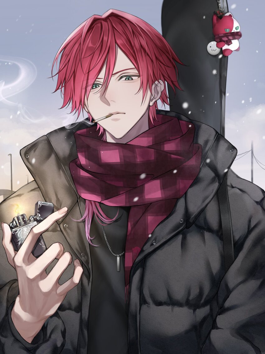 1boy 1zxn4 black_jacket charm_(object) cigarette closed_mouth down_jacket green_eyes hair_between_eyes hashtag-only_commentary highres holding holding_lighter instrument_case instrument_case_on_back jacket jewelry lauren_iroas lauren_iroas_(2nd_costume) lighter long_hair looking_at_object male_focus necklace nijisanji open_clothes open_jacket ponytail power_lines red_hair red_scarf scarf side_ponytail smoke smoke_trail smoking snowing solo upper_body virtual_youtuber zippo_lighter