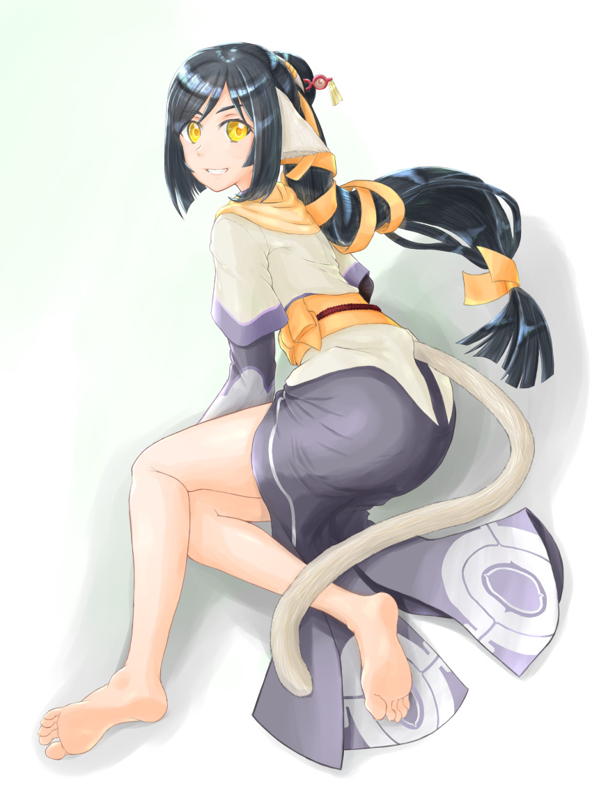 1girl absurdres barefoot black_hair feet grin highres kuon_(utawarerumono) long_hair looking_at_viewer pxa640 smile soles tail toes transparent_background utawarerumono yellow_eyes