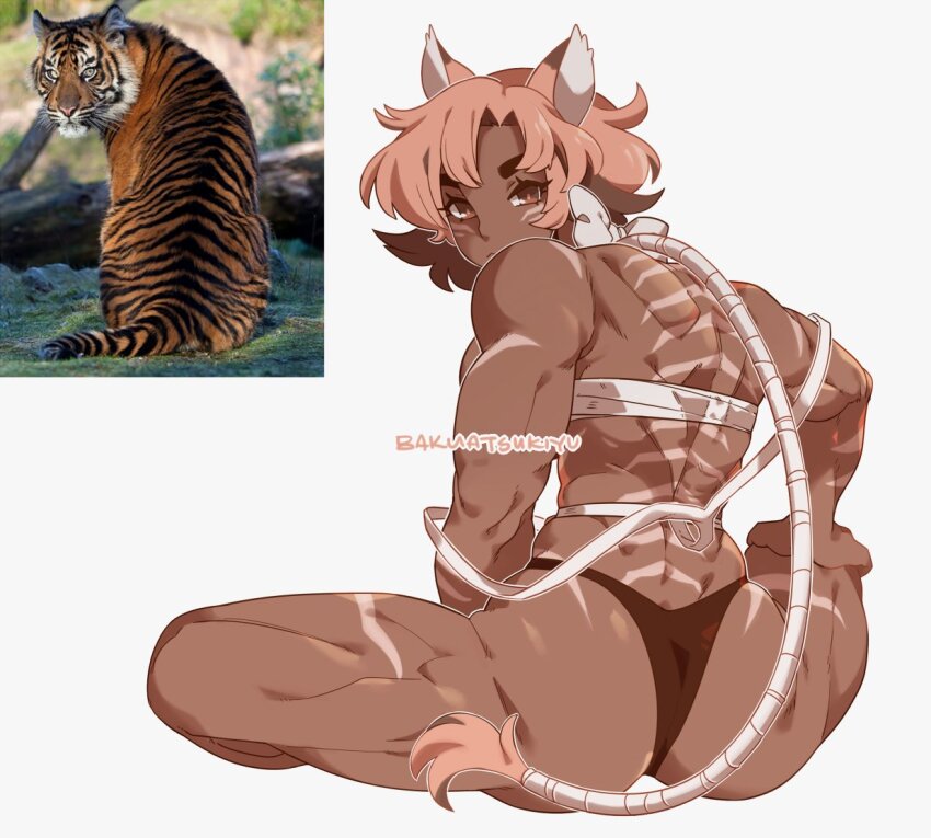 1girl animal_ears artist_name ass bakuatsukiyu bandaged_torso bandages black_panties body_markings bow brown_eyes closed_mouth commentary dark_skin english_commentary facial_mark hand_on_own_leg looking_at_viewer looking_back muscular muscular_female original panties photo_inset pink_hair reference_inset reference_photo short_hair simple_background sitting solo tiger tiger_ears tiger_girl underwear white_background white_bow