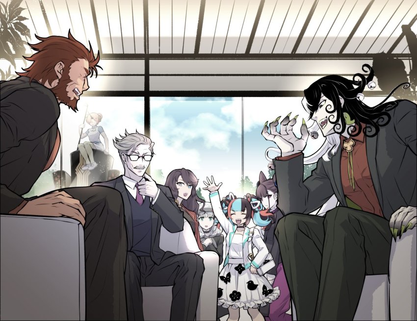 ashiya_douman_(fate) bag beard bell charles_babbage_(fate) contemporary facial_hair fate/grand_order fate_(series) fingernails formal_clothes frankenstein&#039;s_monster_(fate) glasses golf_club gray_(fate) hair_bell hair_ornament handbag hephaestion_(fate) heterochromia hood horns iskandar_(fate) james_moriarty_(archer)_(fate) multicolored_hair murasaki_shikibu_(fate) mustache on_head ria_(ria89921957) sei_shounagon_(fate) sharp_fingernails single_horn sitting suit twintails waving