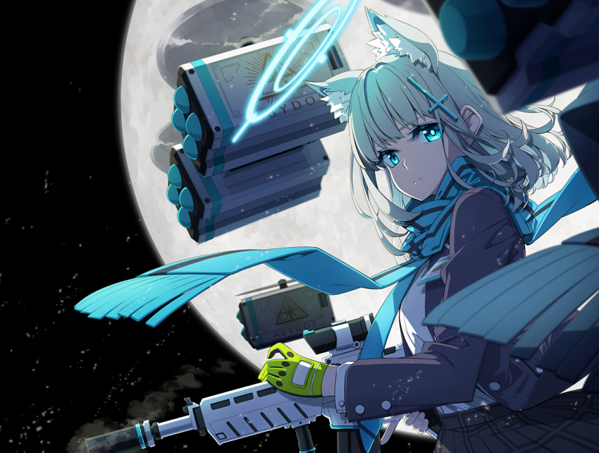 1girl animal_ear_fluff animal_ears assault_rifle black_jacket black_skirt blue_archive blue_eyes blue_halo blue_necktie blue_scarf closed_mouth cross_hair_ornament extra_ears gloves green_gloves grey_hair gun hair_ornament halo holding holding_gun holding_weapon jacket long_sleeves medium_hair necktie open_clothes open_jacket plaid_clothes plaid_skirt pleated_skirt rifle sakuraba_yuuki scarf shiroko_(blue_archive) shirt sig_sauer_556 skirt solo weapon white_shirt wolf_ears