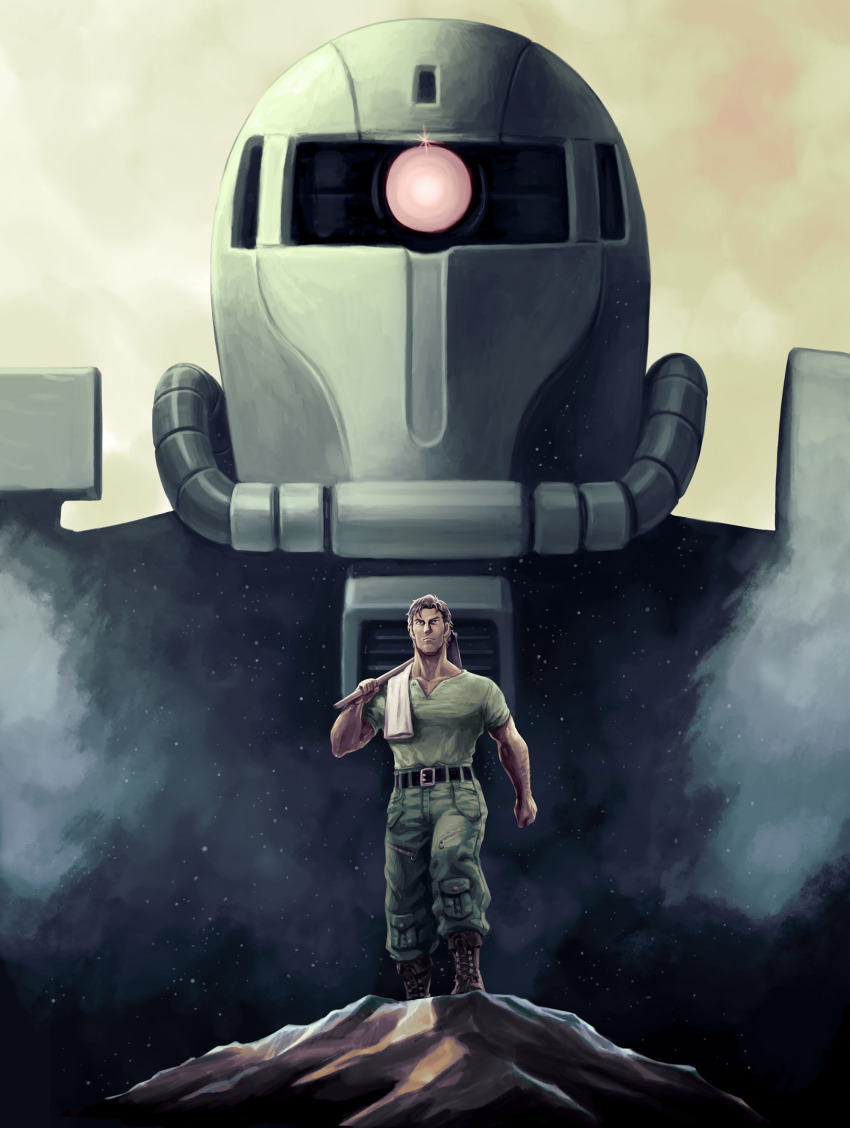1boy absurdres belt cucuruz_doan facial_hair green_pants green_shirt gundam highres hoe male_focus mecha mobile_suit_gundam mobile_suit_gundam:_cucuruz_doan&#039;s_island over_shoulder pants poster_parody quality robot sakkan shirt stubble towel towel_on_one_shoulder zaku_ii zipper