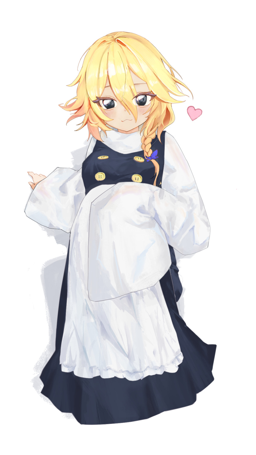 1girl :3 apron black_dress black_eyes blonde_hair blue_bow blush bow buttons closed_mouth commentary_request cookie_(touhou) dress full_body hair_between_eyes hair_bow highres kirisame_marisa long_bangs long_dress looking_at_viewer shirt short_hair simple_background sitting sleeveless sleeveless_dress sleeves_past_fingers sleeves_past_wrists smile solo touhou waist_apron white_apron white_background white_shirt whiterolo yuuhi_(cookie)