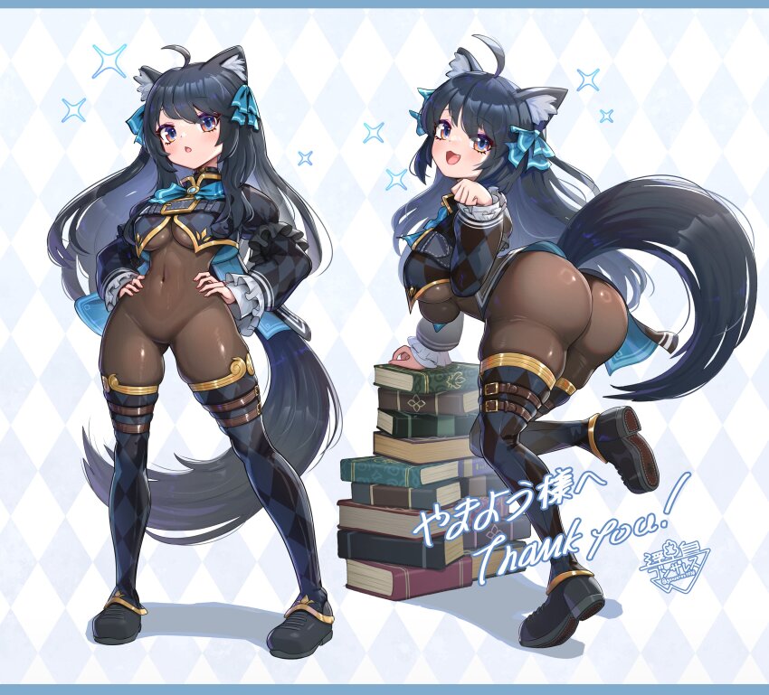 1girl :3 absurdres ahoge animal_ear_fluff animal_ears argyle_background argyle_clothes argyle_thighhighs artist_name ass black_hair black_shrug blush bodystocking bodysuit breasts brown_bodysuit chest_belt commentary_request commission covered_navel full_body gold_trim gonzarez hair_ribbon hands_on_own_hips highres long_hair long_sleeves looking_at_viewer multiple_views open_mouth red_eyes ribbon second-party_source shrug_(clothing) signature skeb_commission small_breasts smile standing svartlilja_(vrchat) tail thank_you vrchat wolf_ears wolf_girl wolf_tail