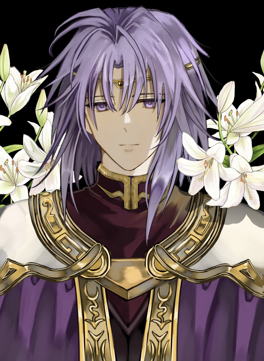 1boy absurdres black_background circlet commentary fire_emblem fire_emblem:_the_sacred_stones flower highres lyon_(fire_emblem) male_focus medium_hair nintendo omlililimo purple_eyes purple_hair solo symbol-only_commentary upper_body