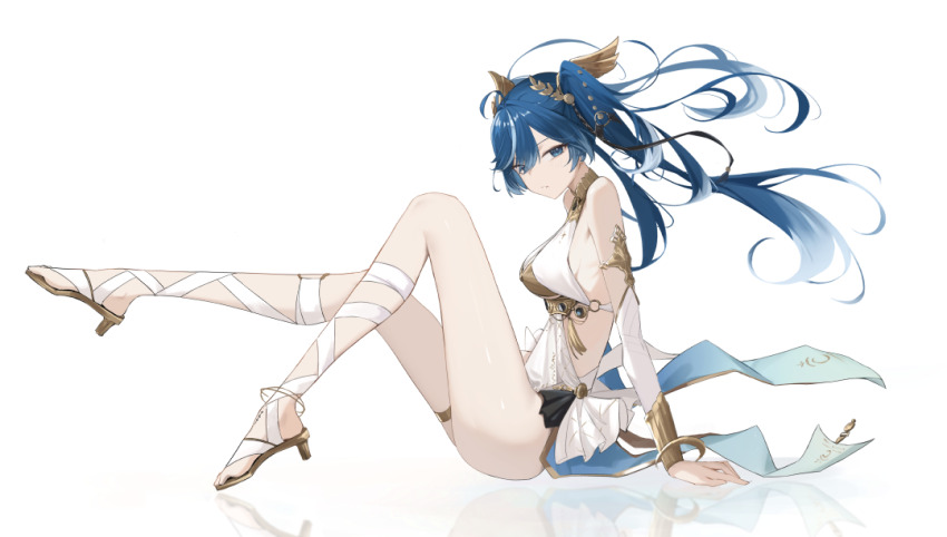 1girl ancient_greek_clothes bare_shoulders blue_eyes blue_hair breasts closed_mouth commentary from_side gladiator_sandals gmi_(jimmyovob) gold_bra greco-roman_clothes hair_belt head_wreath iuno_(wuthering_waves) legs long_hair looking_at_viewer looking_to_the_side medium_breasts reflective_surface sandals simple_background sitting solo thighs white_background wuthering_waves