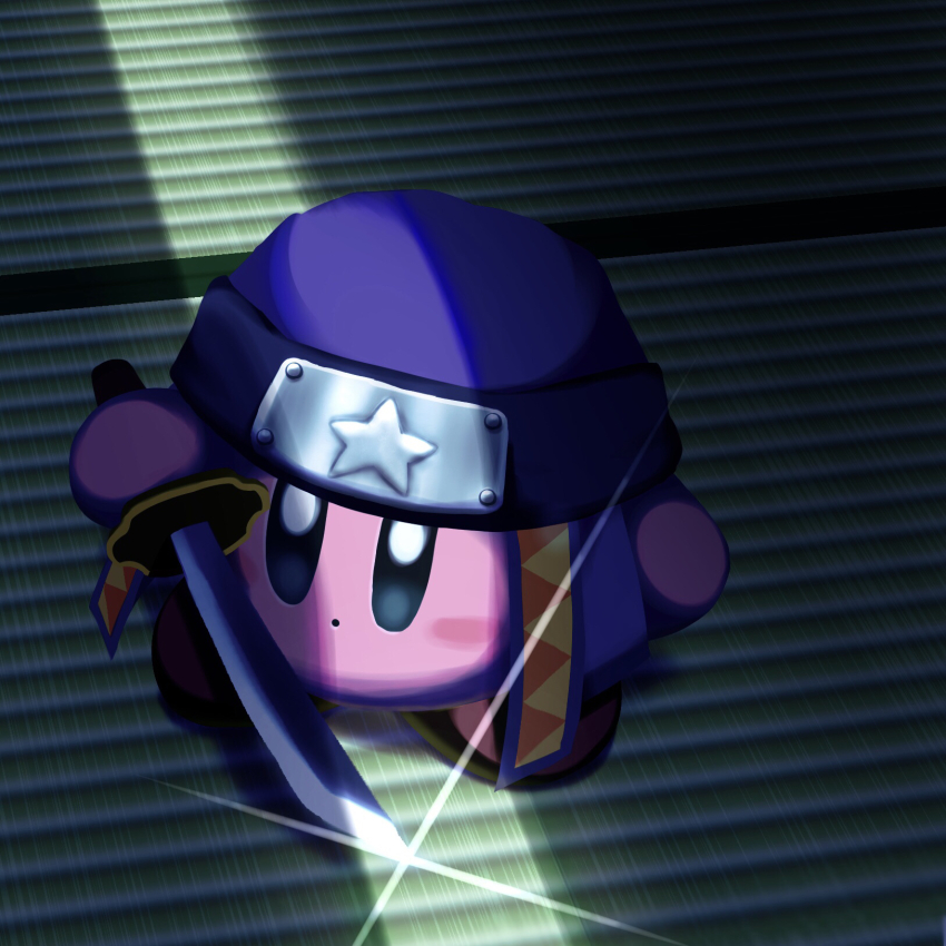 aruco_co blue_eyes blush_stickers closed_mouth commentary_request dot_mouth forehead_protector highres holding holding_sword holding_weapon katana kirby kirby_(series) ninja ninja_kirby nintendo no_humans solo sword weapon