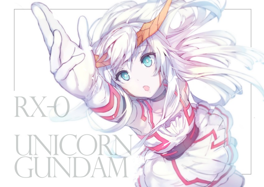 1girl :o absurdres akieda belt character_name dress english_text facial_mark female_focus green_eyes gundam gundam_unicorn highres horns long_hair mecha_musume nt-d reaching solo unicorn_gundam white_background white_dress white_hair