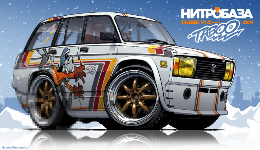 car censored chibi fake_censor itasha kremlin lada_(car) lada_riva moscow motor_vehicle nitrouzzz original reflection reflective_floor shadow skyline snow snowing soviet vehicle_focus white_car