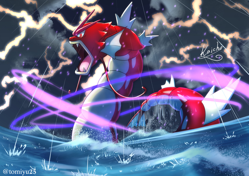 absurdres alternate_color cloud commentary_request fangs from_side gen_1_pokemon gyarados highres kaichi_(tomiyu25) nintendo no_humans open_mouth outdoors pokemon pokemon_(creature) rain red_eyes shiny_pokemon signature sky solo tongue water