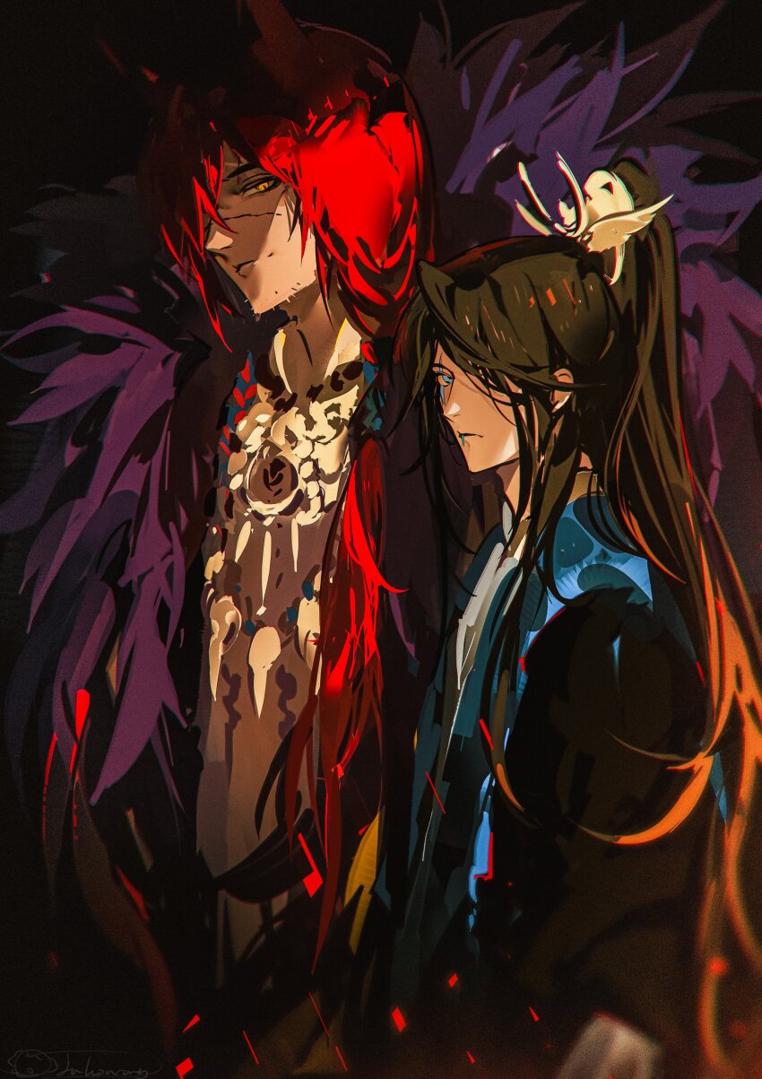 2boys absurdres animal_ears aphelios black_background blue_eyes braid chinese_clothes closed_mouth commentary facial_mark feather_trim feathers hair_behind_ear hair_intakes hair_over_one_eye highres jewelry league_of_legends long_hair looking_at_viewer male_focus multicolored_clothes multiple_boys mylilmooncake necklace ponytail purple_feathers red_hair scar scar_on_face sett_(league_of_legends) side_braid simple_background twin_braids yellow_eyes