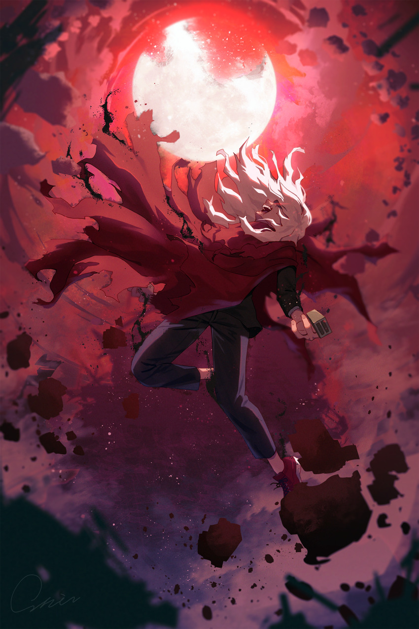 1boy absurdres black_jacket black_pants black_suit blurry boku_no_hero_academia cape cloud cloudy_sky commentary_request depth_of_field dust eye_trail fallstreak_hole film_grain floating floating_cape floating_hair formal_clothes from_side full_body full_moon hands_up head_back highres jacket laughing leaning_back leg_up light light_trail long_hair long_sleeves male_focus matsumotoshinnnosuke messy_hair moon moonlight open_mouth outdoors pants partial_commentary profile prosthetic_fingers red_cape red_shoes red_sky red_theme rock scar scar_on_face scar_on_mouth shaded_face shigaraki_tomura shoes signature sky sneakers soft_focus solo suit torn_cape torn_clothes white_hair