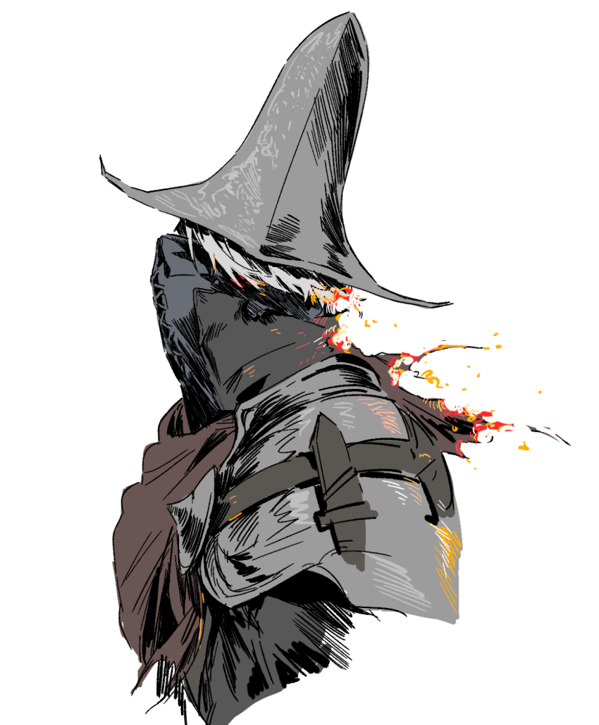 192_saioma 1other abyss_watcher armor brown_cloak cloak commentary cropped_torso dark_souls_(series) dark_souls_iii embers grey_hair grey_hat hat highres masked other_focus pauldrons pointy_hat profile shoulder_armor simple_background solo upper_body white_background