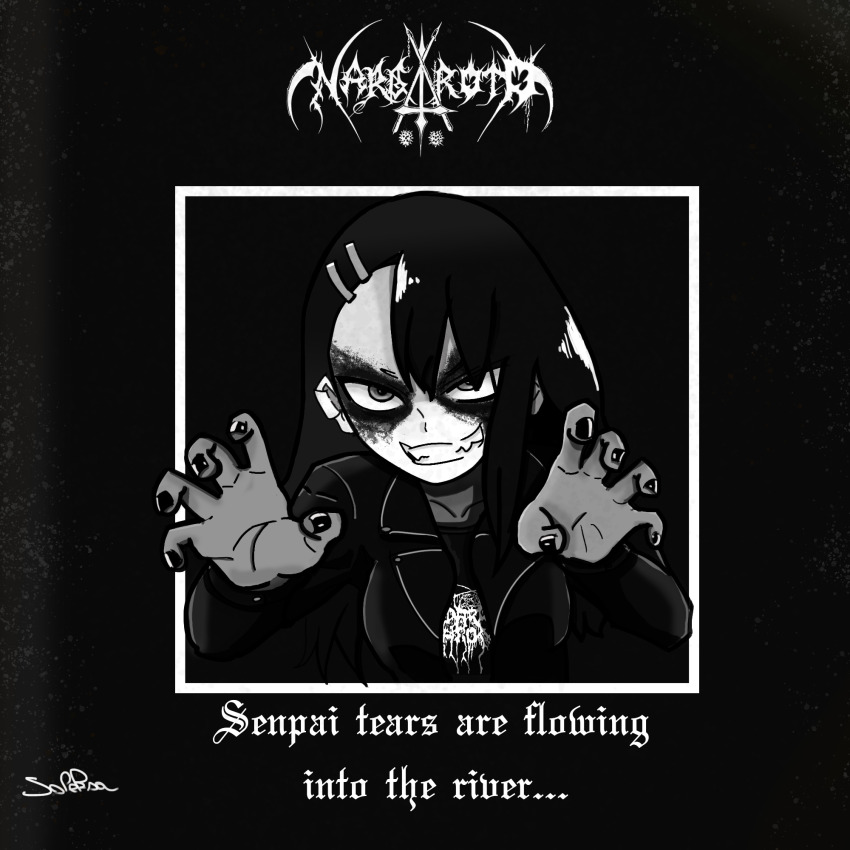 1girl album_cover album_name asymmetrical_bangs band_shirt black_metal blackletter breasts claw_pose collarbone commentary cover cross dark dark_background darkthrone english_text eyes_visible_through_hair facepaint fangs fingernails framed greyscale grin group_name hair_ornament hairclip heavy_metal highres ijiranaide_nagatoro-san inverted_cross jacket lapels large_breasts logo long_hair long_sleeves looking_at_viewer mace merchandise monochrome nagatoro_hayase nail_polish nargaroth_(band) notched_lapels open_clothes open_jacket open_mouth outside_border overall-picture-7542 palms pentacle polearm print_shirt sanpaku scythe shirt signature smile solo spear spiked_mace spikes t-shirt teeth tsurime upper_body weapon