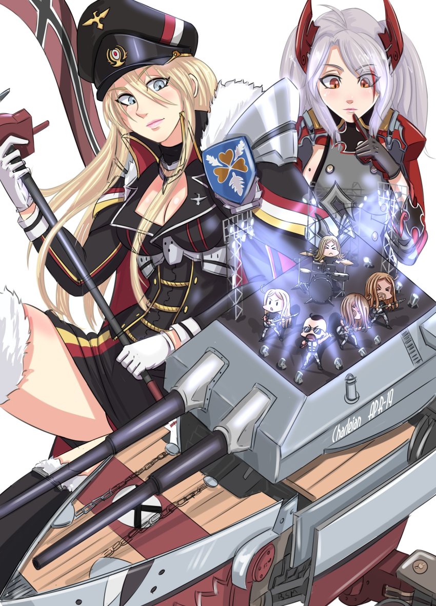 2girls 5boys absurdres azur_lane bismarck_(azur_lane) black_legwear blonde_hair blue_eyes breasts charleian cleavage cross finger_to_mouth flag flag_print gloves hair_between_eyes hat headgear highres iron_cross long_hair military military_uniform mole mole_on_breast multicolored_hair multiple_boys multiple_girls prinz_eugen_(azur_lane) real_life red_hair rigging rock_band sabaton_(band) sideboob silver_hair streaked_hair two_side_up