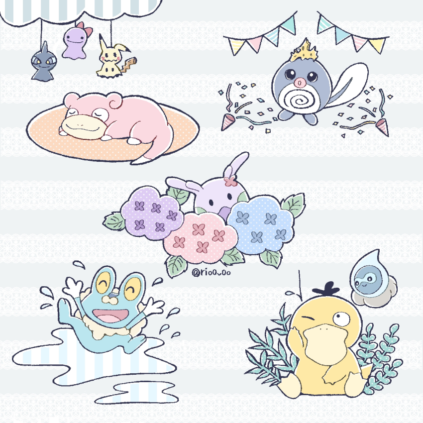black_eyes blue_flower castform castform_(rainy) closed_eyes ditto flower froakie gen_1_pokemon gen_3_pokemon gen_6_pokemon gen_7_pokemon goomy highres hydrangea king&#039;s_rock mimikyu nintendo no_humans party_popper pink_flower pokemon pokemon_(creature) psyduck puddle purple_flower rio_(rio0v0o) shuppet slowpoke splashing string_of_flags teruterubouzu water_drop