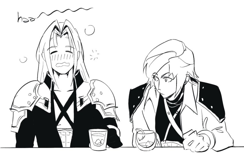 2boys alcohol armor black_jacket blush closed_eyes commentary cornbaijin18605 cup drinking_glass drunk earrings english_commentary final_fantasy final_fantasy_vii genesis_rhapsodos gloves highres ice ice_cube implied_yaoi jacket jewelry long_hair looking_at_another male_focus multiple_boys open_mouth pauldrons sephiroth short_hair shoulder_armor table