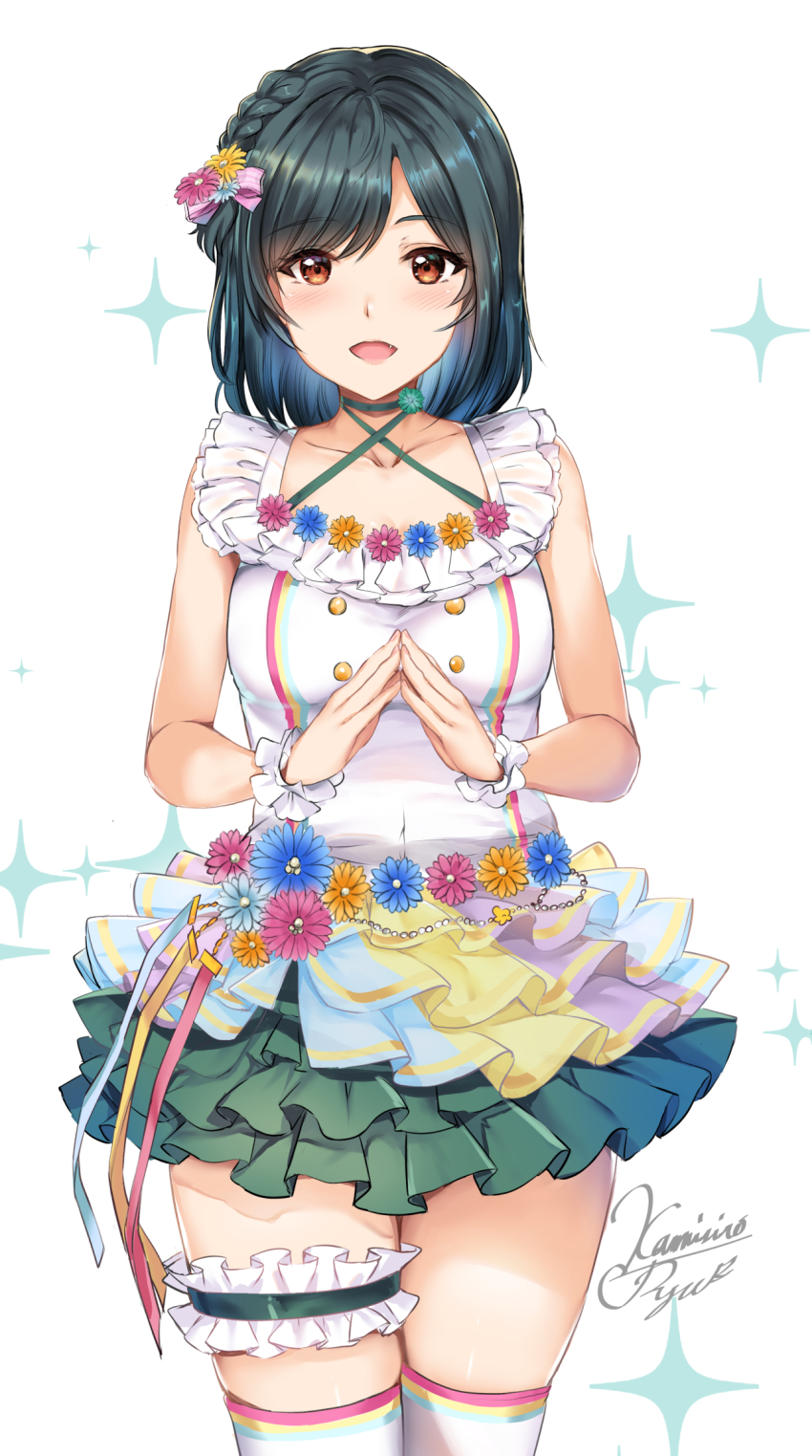 1girl artist_name black_hair blouse breasts buttons choker collarbone commentary cowboy_shot criss-cross_halter eyes_visible_through_hair fang flower frilled_cuffs frilled_skirt frilled_thigh_strap frills green_choker green_skirt hair_between_eyes hair_flower hair_ornament hair_ribbon halterneck hand_on_own_chest high_heels highres kamishiro_ryuu layered_skirt looking_at_viewer love_live! love_live!_nijigasaki_high_school_idol_club love_u_my_friends medium_breasts medium_hair mifune_shioriko miniskirt multiple_views open_mouth red_eyes ribbon shirt signature simple_background skirt sleeveless sleeveless_shirt smile standing star_(symbol) steepled_fingers thigh_strap thighhighs white_background white_shirt white_thighhighs