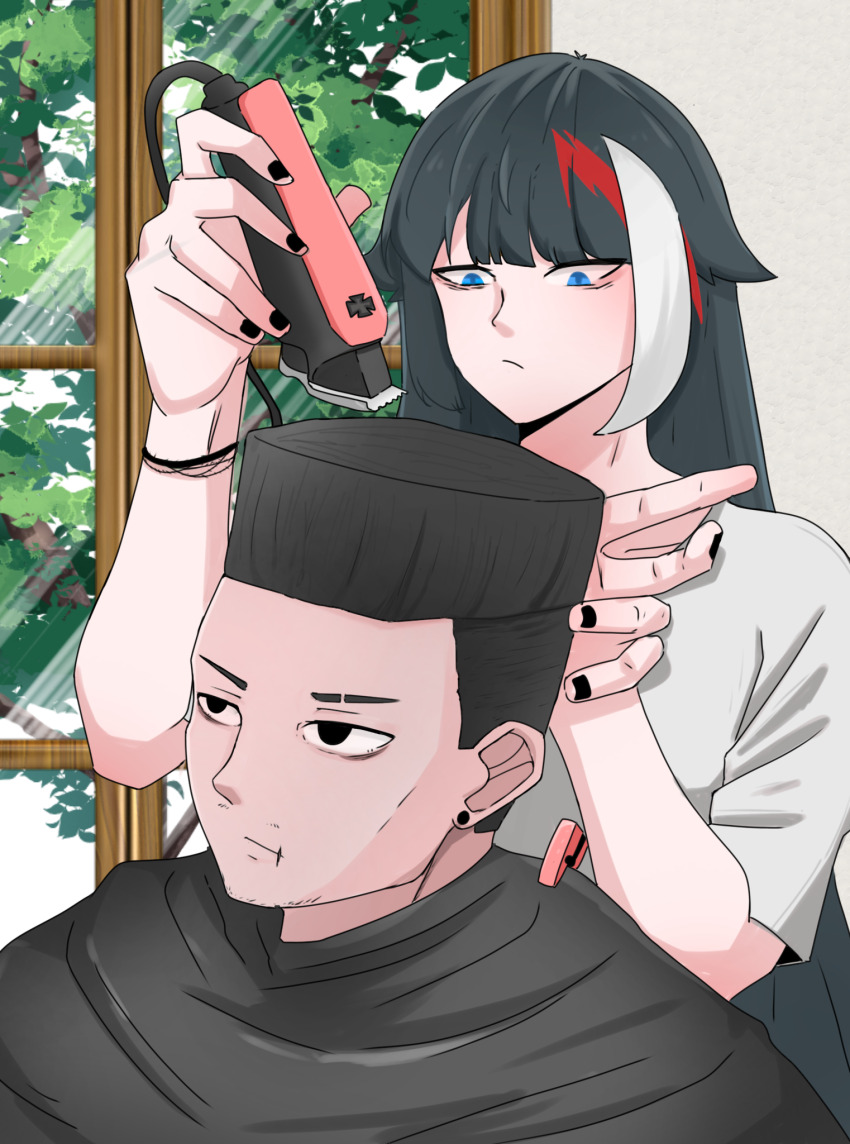 1boy 1girl azur_lane black_eyes black_hair black_nails blue_eyes bracelet choso_giving_toudou_a_haircut_(meme) commander_(azur_lane) deutchii deutschland_(azur_lane) fade_(haircut) hair_clipper hair_flaps high_top_fade highres indoors jewelry meme razor scar scar_on_face scar_on_mouth shirt short_sleeves tree white_hair white_shirt window