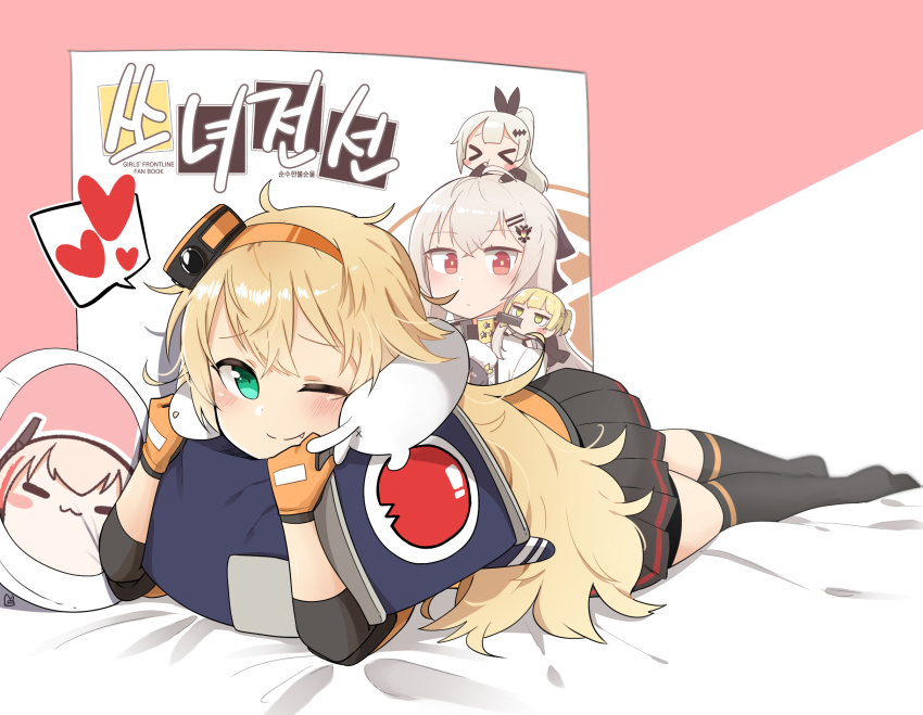 &gt;_&lt; 5girls action_camera bed_sheet black_bow black_skirt blonde_hair blush bow chibi chibi_inset dinergate_(girls&#039;_frontline) ferret five-seven_(girls&#039;_frontline) girls&#039;_frontline gloves green_eyes hair_ornament hairband hand_up heart highres hugging_doll hugging_object iws_2000_(girls&#039;_frontline) junsuina_fujunbutsu kneehighs long_hair looking_at_viewer lying m4_sopmod_ii_(girls&#039;_frontline) m4_sopmod_ii_jr messy_hair miniskirt multiple_girls on_bed on_side orange_gloves orange_hairband pleated_skirt red_eyes s.a.t.8_(girls&#039;_frontline) skirt smile socks solo spoken_heart stuffed_toy very_long_hair video_camera welrod_mkii_(girls&#039;_frontline) white_hair