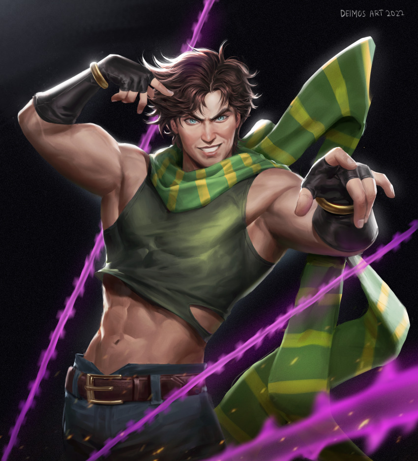 1boy 2022 abs absurdres artist_name battle_tendency black_background blue_eyes brown_hair commentary crop_top dark_background deimos_art english_commentary fingerless_gloves gloves green_scarf grin groin hermit_purple highres jojo_no_kimyou_na_bouken joseph_joestar joseph_joestar_(young) looking_at_viewer male_focus midriff muscular muscular_male plant scarf short_hair simple_background smile solo striped_clothes striped_scarf vines