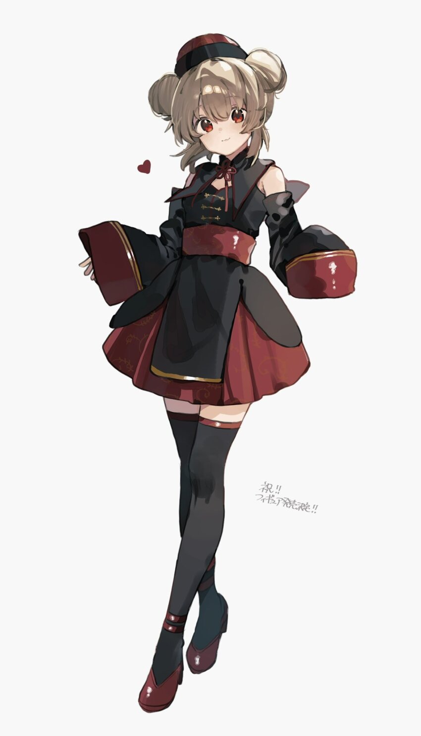 1girl black_dress black_thighhighs brown_hair detached_sleeves double_bun dress full_body hair_between_eyes hair_bun hat higa_(gominami) highres jiangshi light_smile looking_at_viewer natori_sana natori_sana_(jiangshi) official_alternate_costume qingdai_guanmao red_eyes red_shoes sana_channel shoes simple_background sleeves_past_fingers sleeves_past_wrists solo thighhighs virtual_youtuber white_background zettai_ryouiki