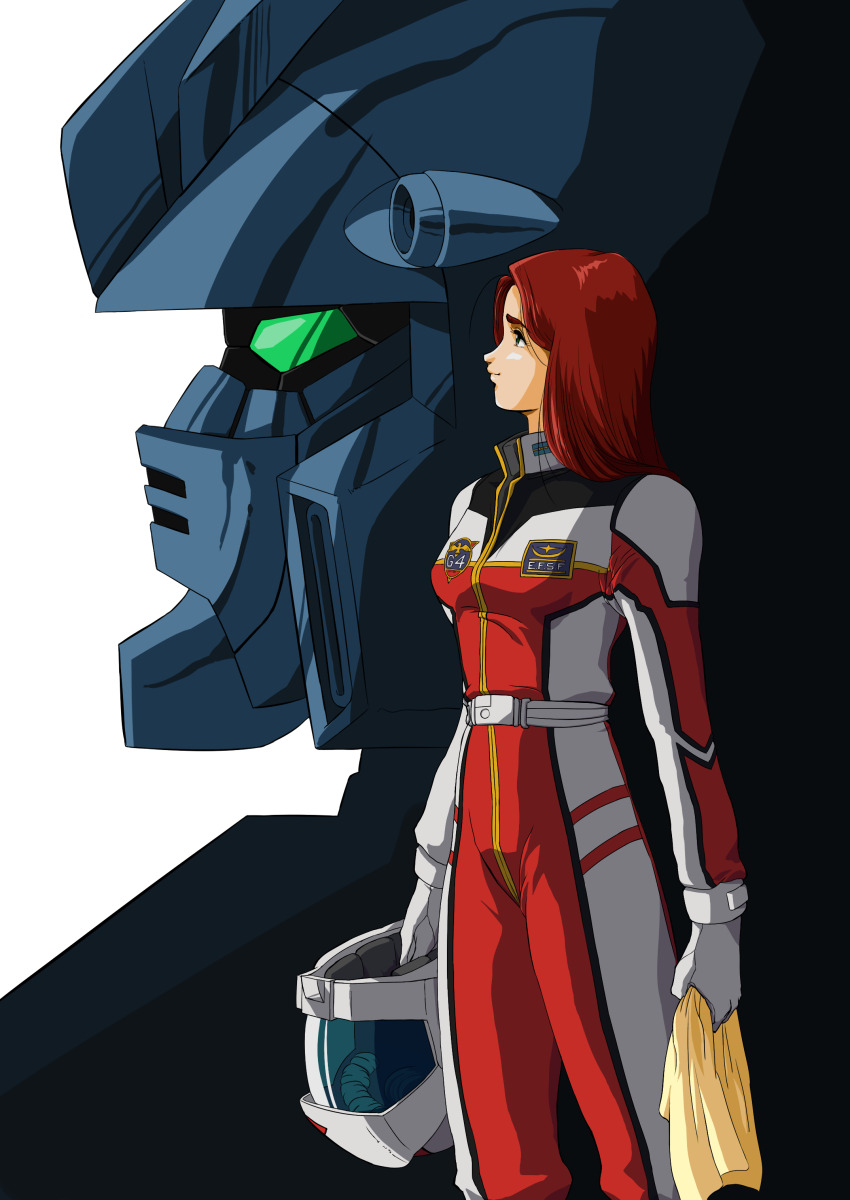 1980s_(style) 1girl absurdres christina_mackenzie commentary_request earth_federation_space_forces emblem green_eyes gun gundam gundam_0080 gundam_alex helmet highres holding holding_helmet insignia long_hair machine_gun mecha mobile_suit oldschool pilot_suit red_hair retro_artstyle robot science_fiction space_helmet taira-paco upper_body v-fin weapon white_background