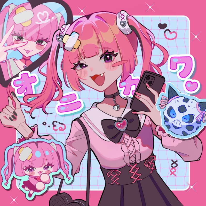 361_(kyuu_yagami) alternate_costume bag bandaid bandaid_hair_ornament black_bag black_bow black_choker black_horns black_nails black_skirt blue_eyes blush blush_stickers bow brooch cellphone chibi chibi_inset choker clenched_teeth clothed_pokemon cone_horns coral_(pokemon) cross-laced_clothes eyelashes fang fingernails gen_3_pokemon glalie grid hair_ornament heart heart-shaped_bag heart_brooch heart_pendant highres holding holding_own_hair holding_phone horns jewelry jirai_kei long_fingernails long_sleeves multicolored_nails multiple_views nail_polish nintendo open_mouth phone pink_hair pink_nails pink_ribbon pink_shirt pokemon pokemon_(anime) pokemon_(creature) pokemon_horizons puffy_long_sleeves puffy_sleeves purple_eyes ribbon shirt shoulder_bag skirt smartphone smug squinting sweatdrop teeth tongue tongue_out twintails v x