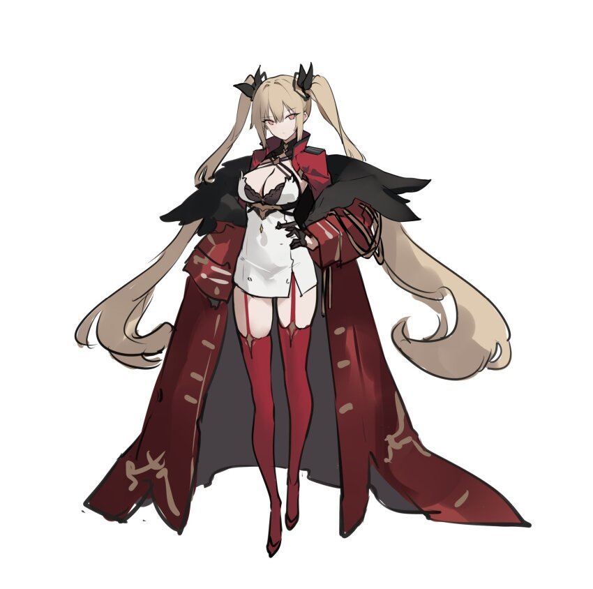 1girl azur_lane black_bra black_ribbon blonde_hair bra bra_peek breasts cleavage coat criss-cross_halter dress full_body hair_ribbon halterneck hand_on_own_hip highres large_breasts long_hair long_sleeves microdress nelson_(azur_lane) nelson_(retrofit)_(azur_lane) official_art open_clothes open_coat orange_eyes red_coat red_garter_straps red_thighhighs retrofit_(azur_lane) ribbon simple_background solo suisai_(suisao) thighhighs twintails underwear very_long_hair white_background white_dress