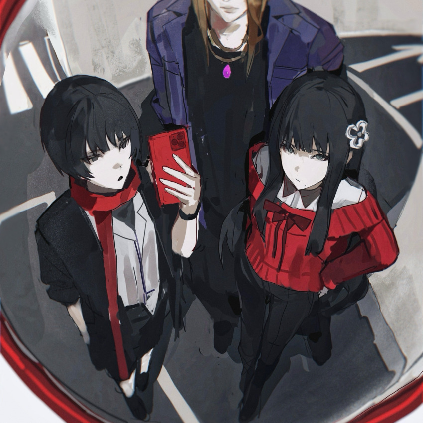 1girl 2boys alternate_costume asahi_sas_brutus black_eyes black_hair black_jacket black_pants brother_and_sister cellphone contemporary expressionless final_fantasy final_fantasy_xiv foreshortening from_above full_body green_eyes hand_on_own_hip head_out_of_frame highres holding holding_phone hyur jacket jidappeng long_hair looking_at_viewer multiple_boys pants perspective phone red_scarf red_sweater scarf shirt short_hair siblings smartphone standing sweater white_shirt yotsuyu_goe_brutus zenos_yae_galvus