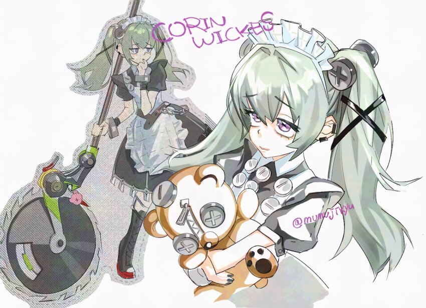 1girl apron black_boots black_dress black_nails boots chain character_name charm_(object) circular_saw commentary_request corin_wickes cuffs dress earrings finger_to_mouth green_hair hair_between_eyes holding holding_weapon hugging_object jewelry knee_boots korean_commentary long_hair looking_at_viewer maid maid_apron maid_headdress mumujikyu puffy_short_sleeves puffy_sleeves purple_eyes saw screw_hair_ornament short_sleeves simple_background stuffed_animal stuffed_toy teddy_bear twintails twitter_username weapon white_apron zenless_zone_zero zipper_pull_tab